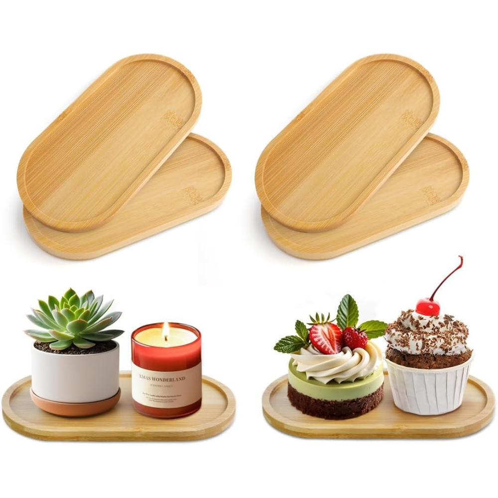 Drip Tray Saucer - 4個入り竹製植物用受け皿、楕円形排水竹製植物用ドリップトレイ、コーヒーコースター、植木鉢トレイ、ほとんどのセラミック製植物用竹製トレイ